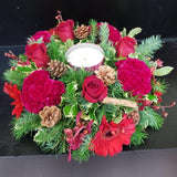 Red & Gold Christmas Floral Centrepiece with Candle