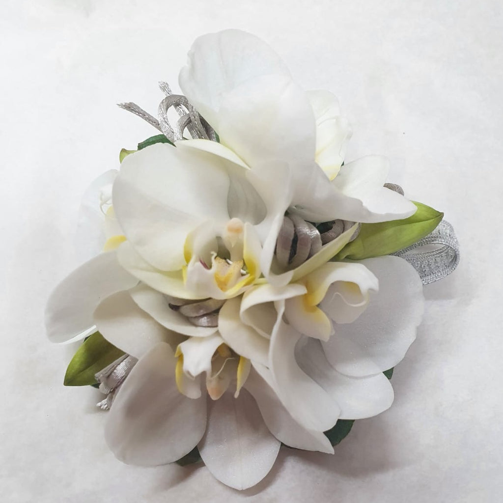 White Phalaenopsis Orchid with silver rope detail corsage