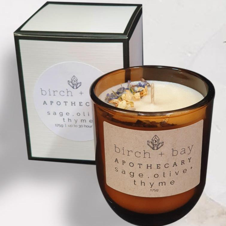 Birch + Bay Apothecary candle in Sage, Olive and Thyme