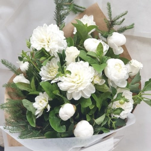 Large White Christmas Bouquet with Peonies, Dahlias, Roses and Christmas Greenery